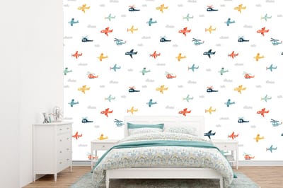 Behang - Fotobehang Patronen - Helicopter - Vliegtuig - Jongens - Kinderen - Kids - Breedte 360 cm x hoogte 260 cm