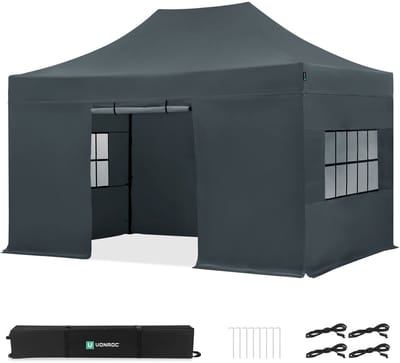 VONROC Easy-Up Partytent – 3x4.5 m - Premium easy-up Partytent - Set incl. Zijwanden - Modu-lair Ontwerp – Opvouwbaar – Waterdicht – Stalen Frame - 50+ UV Bescherming - Incl. Opbergtas - Grijs