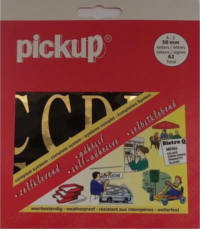 Pickup plakletters boekje goud op zwart - 50 mm Clear Face - LET OP: dit zijn rechthoekige zwarte stickers met daarop een goudkleurige letter gedrukt