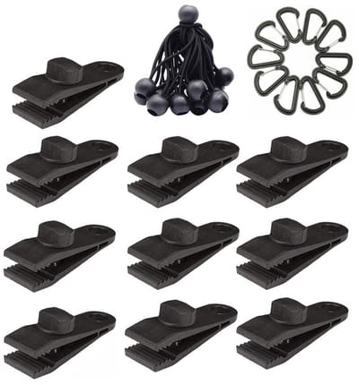 longziming -Camping Tarp Set – 10 Tentclips, 10 Elastische Ball Clips en 10 Karabijnhaken – Waterdicht, Duurzaam en Windbestendig voor Tenten, Caravan, Boot of Beschermhoezen