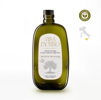 Villa Pachino – Extra Vergine Olijfolie Van Familiegrond – 100% Siciliaans – Oorsprong: Pachino, Syracuse – 500 ml – Ideaal cadeau – Organische fles met geïntegreerde schenktuit