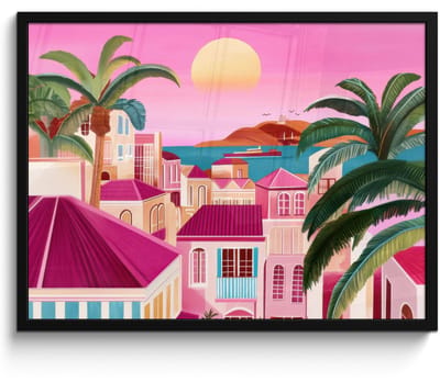 Poster in lijst - Fotolijst 70x50 cm - Posters - Stad - Roze - Palmbomen - Posterlijst zwart - Decoratie - Wanddecoratie woonkamer - Muurdecoratie slaapkamer