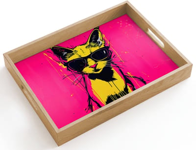 Dienblad hout 40x30 cm - Schootdienblad - Kat - Art - Zonnebril - Roze - Borrelplank rechthoek - Plateau dienbladen