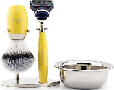 Complete scheerset voor mannen, Klassieke gele scheerset voor heren met scheermes met 5 randen, scheerkwast met superzilveren puntharen, staande kom Perfecte cadeauset (scheerset voor heren)