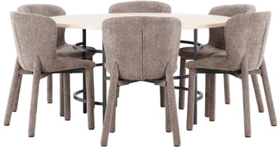 Copenhagen eethoek tafel Ø140cm en 6 stoelen whitewash, bruin.