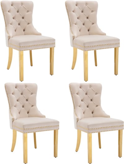 Eetkamerstoel (keukenstoel, woonkamerstoel met unieke deurklopper aan de achterkant, 4 stuks), gestoffeerde stoel met siernagels, verguld roestvrijstalen steunpoten, fluwelen bekleding, beige/goud