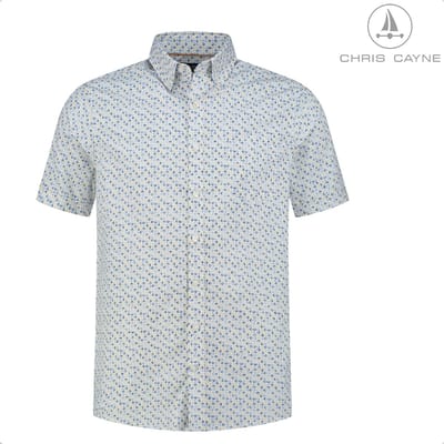 Chris Cayne heren overhemd - M - offwhite/lichtblauw/beige/donkerblauwe - korte mouwen - geprint - borstzak - button down kraag