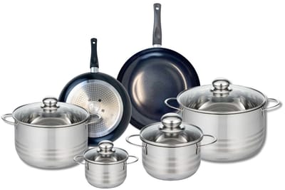 Set van 2 Koekenpannen 20 en 24 cm en 4 kookpotten 12, 16, 20 en 24 cm Elo Prima Brillant