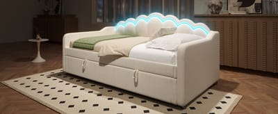 Dagbed - Sofabed Met Hydraulische Opbergruimte - Fluweel Afgewerkt, LED Strip, 90x200 Cm, Beige