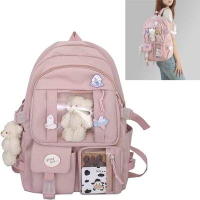 KZQ Waterdichte rugzak voor meisjes met pin en accessoires roze lichtgewicht schooltas grote capaciteit voor tieners middelbare school
