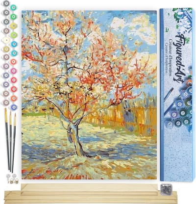 Figured'Art Schilderen op Nummer Volwassenen canvas Van Gogh De roze perzikboom - Handwerk acrylverf Kit DIY Compleet - 40x50cm met DIY houten lijst