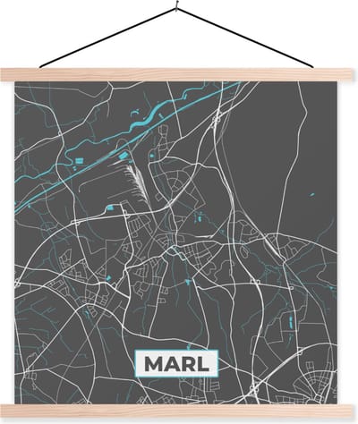 Posterhanger incl. Poster 60x60 cm - Schoolplaat - Blauw – Duitsland – Plattegrond – Stadskaart – Kaart – Marl - Textielposter - Blanke latten - Stadskaart