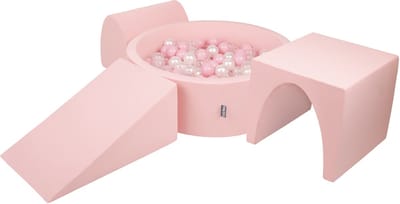 KiddyMoon schuimspeelplaats met rond ballenbad (200 ballen) ballenbakken voor baby's speelbad hindernisbanen, made in the eu, roze:poederroze/parelmoer/transparant