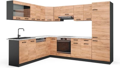 Vicco Hoekkeuken R-Line, Goudkleurig Eiken/Antraciet, 287 x 227 cm, WB Marmer