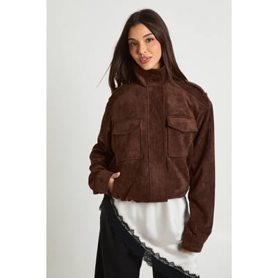 boohoo Dames Suede Jas met Tunnelhals en Zakdetails | Chocolate | Maat: 14