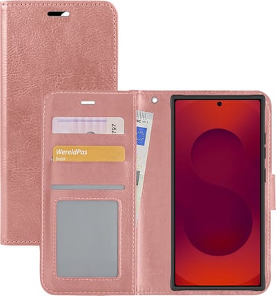 Hoesje - Met Pasjeshouder - Geschikt voor Samsung Galaxy S25 Ultra - Luxe Bookcase Portemonee - Flip Case - Kunstleer Book Case - Flipcase - Book Cover - Walletcase - Portemonneehoes - Rosé goud