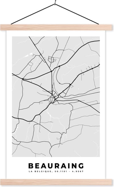 Posterhanger incl. Poster 40x60 cm - Schoolplaat - Stadskaart – Plattegrond – België – Zwart Wit – Beauraing – Kaart - Textielposter - Blanke latten - Stadskaart
