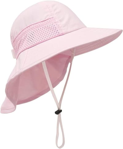 JGS Premium - Babyzonnehoed voor meisjes en jongens - Katoenen zomerhoed met nekbescherming - UV-bescherming UPF 50 - Roze - Opvouwbare strandhoed - Kinderen - Ademend - 75+ Caracters