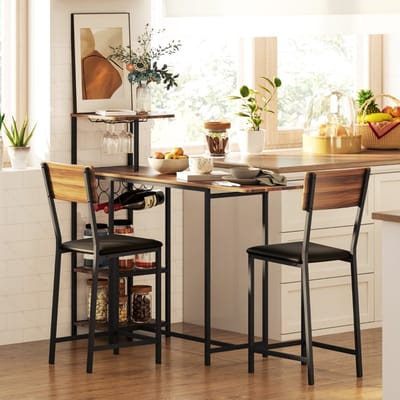 MODFU - Bartafelset Met 2 Barkrukken - Uitschuifbaar - Industrieel - Voor Keuken En Eethoek - Staal En MDF - Bruin