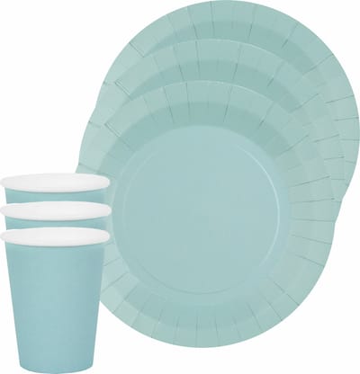 Santex feest/verjaardag servies set - 10x bordjes en bekertjes - lichtblauw - karton