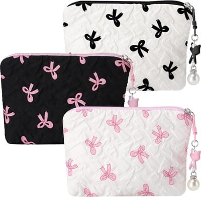 Mini Cosmetic Bag Set van 3 Stuks - Draagbare Make-up Tas met Rits, Strik en Parels voor Vrouwen en Meisjes, Perfect voor Handtas en Reizen