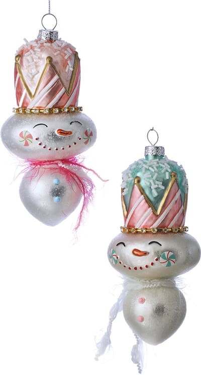 Viv! Christmas Kerstornament - Sneeuwpop met Taart Hoed - set van 2 - glas - pastel - 15cm