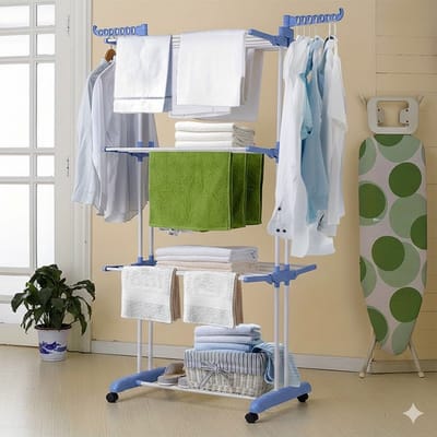 4-Laags Opvouwbaar Wasdroogrek Blauw/Wit – Met Wielen – Ruimtebesparende Wasdroogtoren met 6 Vleugels – Stevig Metalen Frame