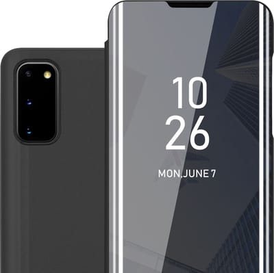 Cadorabo Hoesje geschikt voor Samsung Galaxy S20 in TOERMALIJN ZWART - Clear View Spiegel Beschermende Case met Tribunefunctie 360 Graden Bescherming Book Case Cover Etui