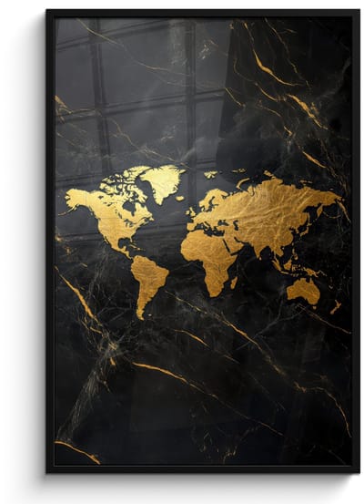 Poster in lijst - Fotolijst 80x120 cm - Posters - Wereldkaart - Goud - Marmer - Posterlijst zwart - Decoratie - Wanddecoratie woonkamer - Muurdecoratie slaapkamer