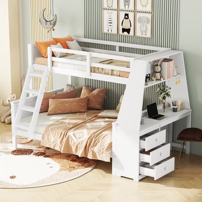 DESMIU Stapelbed 90x200cm En 140x200cm Met Bureau En Boekenkast Met Grote Opbergruimte Voor Kinderkamer Van Grenenhout En MDF Wit Zonder Matras