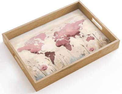 Dienblad hout 40x30 cm - Schootdienblad - Wereldkaart - Roze - Bloemen - Borrelplank rechthoek - Plateau dienbladen
