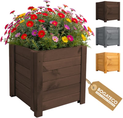 BOGATECO Houten Plantenbak - Inclusief Agro-Textiel - Weerbestendig & Geïmpregneerd - Bloembak voor Tuin & Balkon - Diverse Maten & Kleuren | 39 x 39 x 40cm | Donkerbruin