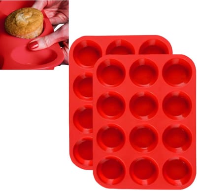 2 stuks siliconen muffinvorm - antiaanbaklaag en gemakkelijk uit de vorm te halen - cupcakevorm - taartvorm - Non-stick Coating - Opstapelbaar -29,5 * 22 * ​​3 cm - voor thuis bakken en desserts maken - rood