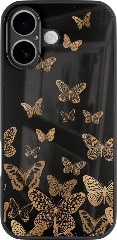 Hoesje geschikt voor iPhone 17 - Vlinders - Luxe Glazen Hardcase - Hippe print - Zwart, Goud - Leuke Telefoonhoesjes