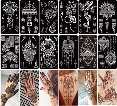 12 vellen henna tattoosjablonen voor handen en onderarm, herbruikbare tijdelijke tatoeagestickers