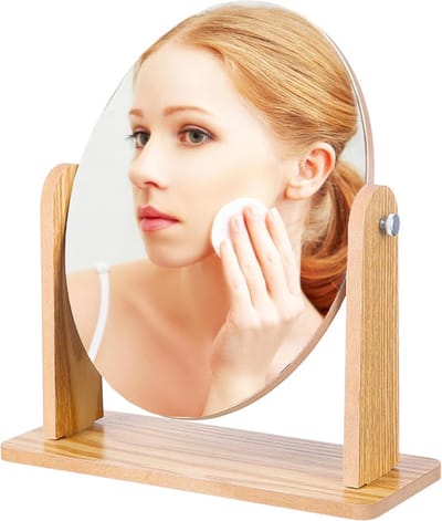 360 Graden Draaibaar Tafelblad Make-up Spiegel met Standaard, Houten Vanity Mirror Desktop Spiegel Houten Frame Cosmetische HD Spiegel voor Kantoor, Slaapkamer, Badkamer, Rond Draaibaar