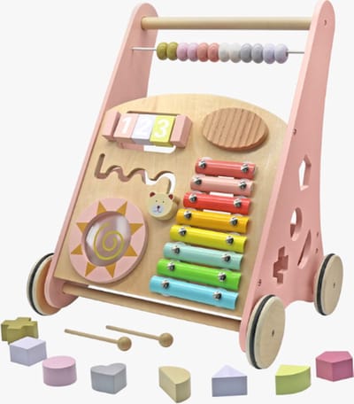 Rijoka Loopwagen Hout voor Baby +/- 1 jaar | Babywalker | Educatieve looptrainer | Anti-Slip wieltjes | 38 x 32 x 46cm – Roze