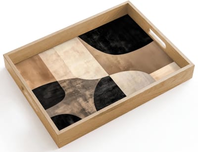 Dienblad hout 40x30 cm - Schootdienblad - Abstract - Vlakken - Zwart - Rond - Borrelplank rechthoek - Plateau dienbladen