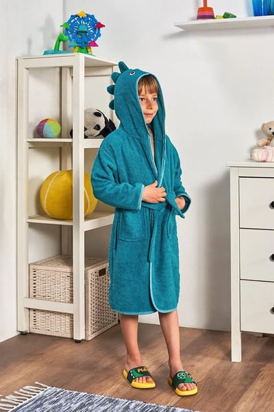 Kinderbadjas - Badjas met Capuchon - Dino - Donkergroen - 7/8 Jaar