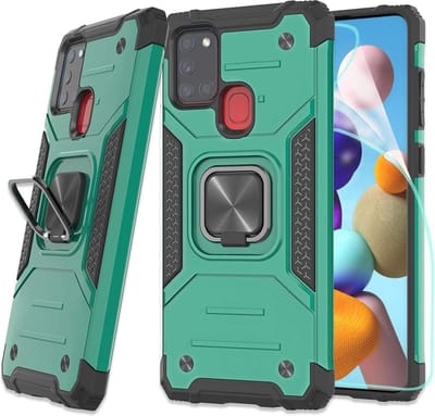 Hoesje Geschikt Voor Samsung Galaxy A21S Hoesje - Heavy Duty Armor hoesje Groen – Kickstand ringhouder met Magnetisch Auto Mount