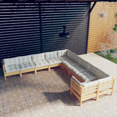 vidaXL - 10-delige - Loungeset - met - crèmekleurige - kussens - grenenhout