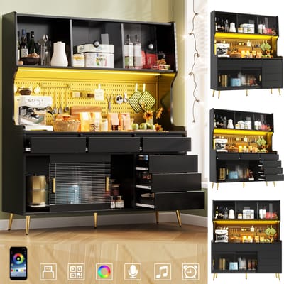 Hoge Kast - 145x39x171 cm - Keukenkast met Led en App - Wandbord en Laden - Hout - Zwart