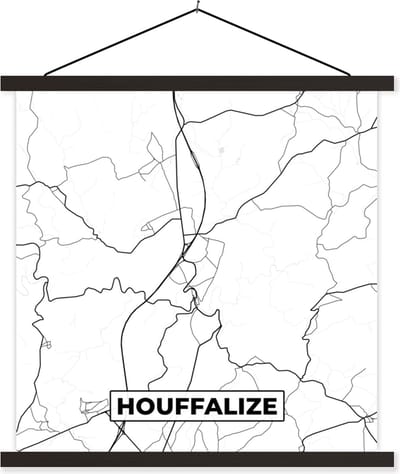 Posterhanger incl. Poster 60x60 cm - Schoolplaat - Stadskaart – Plattegrond – België – Zwart Wit – Houffalize – Kaart - Textielposter - Zwarte latten - Stadskaart