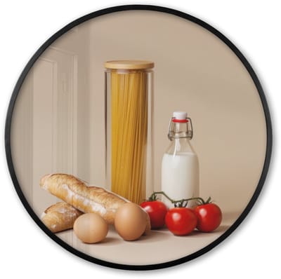 Poster in lijst Rond - Fotolijst 60x60 cm - Posters - Spaghetti - Melk - Tomaten - Eieren - Brood - Ronde posterlijst zwart - Decoratie - Wanddecoratie woonkamer - Muurdecoratie slaapkamer
