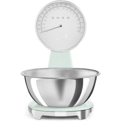 SMEG KSF01PGWW Keukenweegschaal - Analoog & Digitaal - 5 kg - RVS Kom 1,8L - USB Oplaadbaar - LCD Display - Tarrafunctie - '50s Style - Watergroen