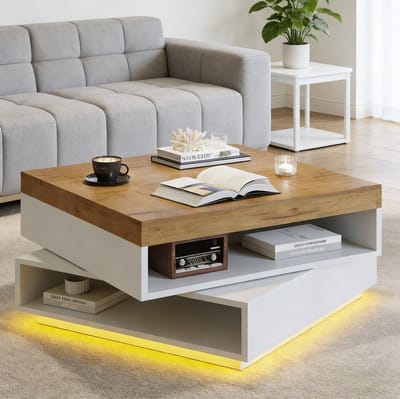 DESMIU Salontafel - 360 Graden Draaibaar Met Ledverlichting En Open Opbergruimte - Voor Woonkamer En Kleine Ruimtes - Mdf - Wit En Houtkleur - 65 X 65 X 40 Cm