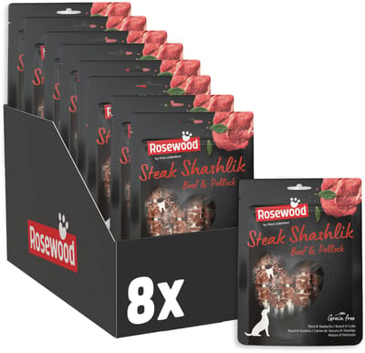Rosewood Steak Shashlik Hondensnack Rund en Koolvis 8 x 100 g - Kauwsnack Runderhuid - Graanvrij