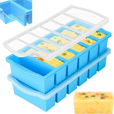 Set van 2 Siliconen IJsblokjesvormen met Deksel voor Soep en Sauzen, Vriescontainers voor Maaltijdvoorbereiding, Oven- en Vaatwasserbestendig
