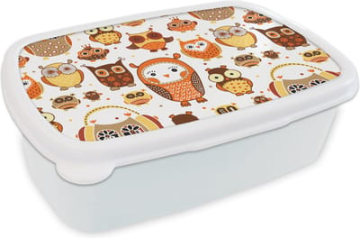 Broodtrommel Wit - Lunchbox - Brooddoos - Meisjes - Uil - Oranje - Patronen - Girl - Kind - Kinderen - 18x12x6 cm - Volwassenen