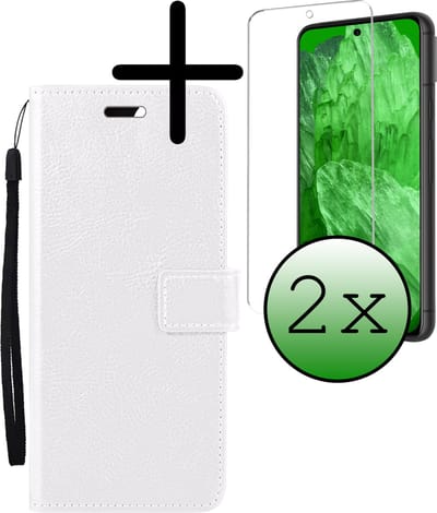 Hoesje Met 2x Screenprotector - Geschikt voor Google Pixel 8a - Luxe Pasjeshouder - Bookcase Portemonee - Flip Case - Kunstleer Book Case - Flipcase Hoes - Book Cover - Walletcase - Portemonneehoes - Wit